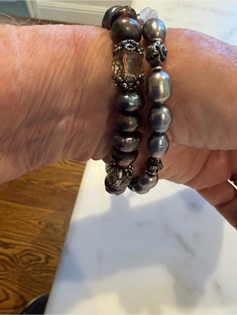 Beaded pearl 2 strand Bracelet - Iridescent dark jewel colors and silver